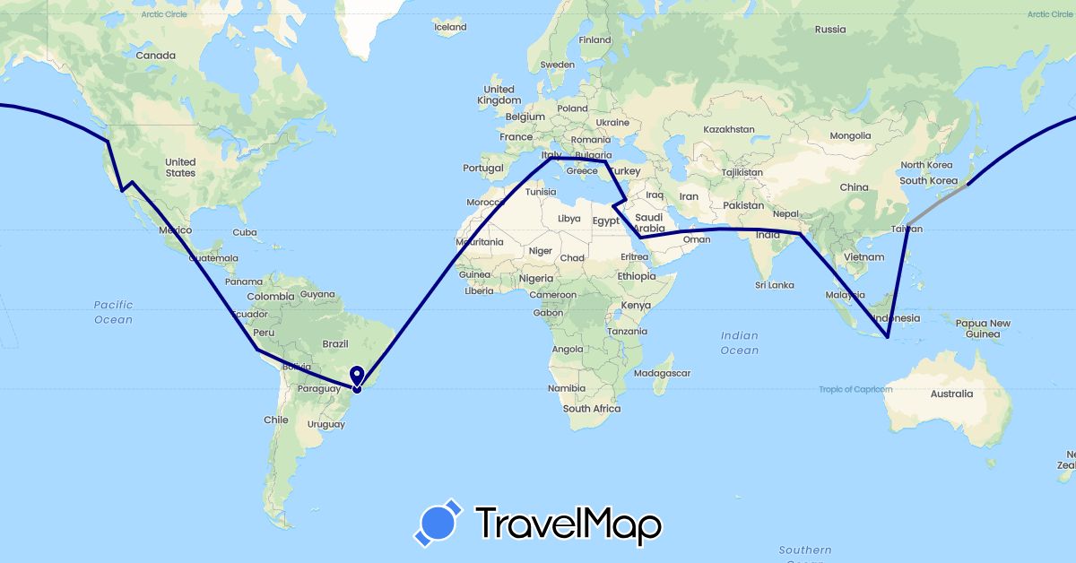 TravelMap itinerary: driving, plane in Brazil, Egypt, Indonesia, Israel, India, Italy, Japan, Peru, Saudi Arabia, Turkey, Taiwan, United States (Africa, Asia, Europe, North America, South America)