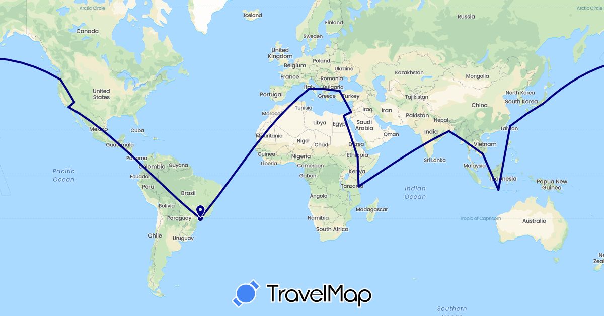 TravelMap itinerary: driving in Brazil, Egypt, Ethiopia, Indonesia, Israel, India, Japan, Turkey, Taiwan, Tanzania, United States, Vietnam (Africa, Asia, North America, South America)